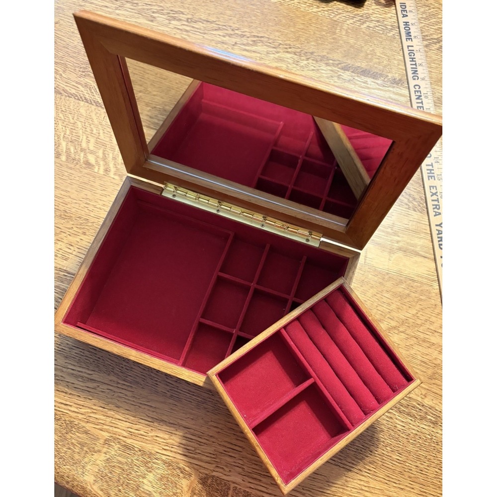 Vtg MELE Burl Wood Jewelry Box Velvet Lining Organizer Tray & Mirror 10.5 x 7x 3